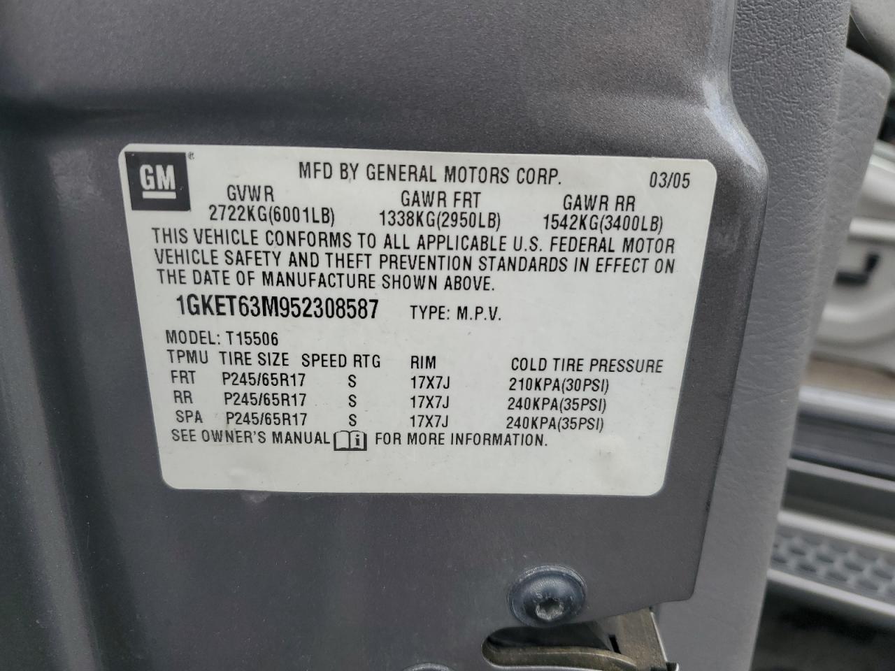 2005 GMC Envoy Denali VIN: 1GKET63M952308587 Lot: 85141585