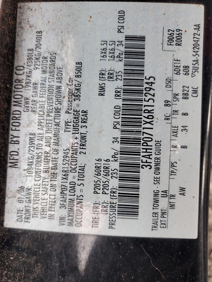 2006 Ford Fusion Se VIN: 3FAHP071X6R152945 Lot: 85403495