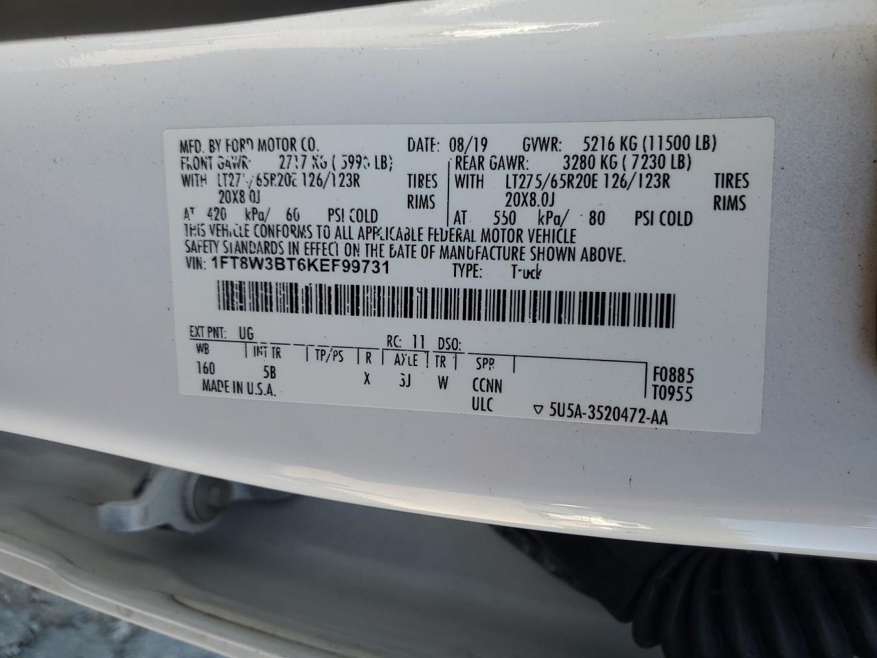 2019 Ford F350 Super Duty VIN: 1FT8W3BT6KEF99731 Lot: 84380975