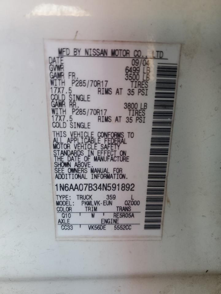 2004 Nissan Titan Xe VIN: 1N6AA07B34N591892 Lot: 82419365