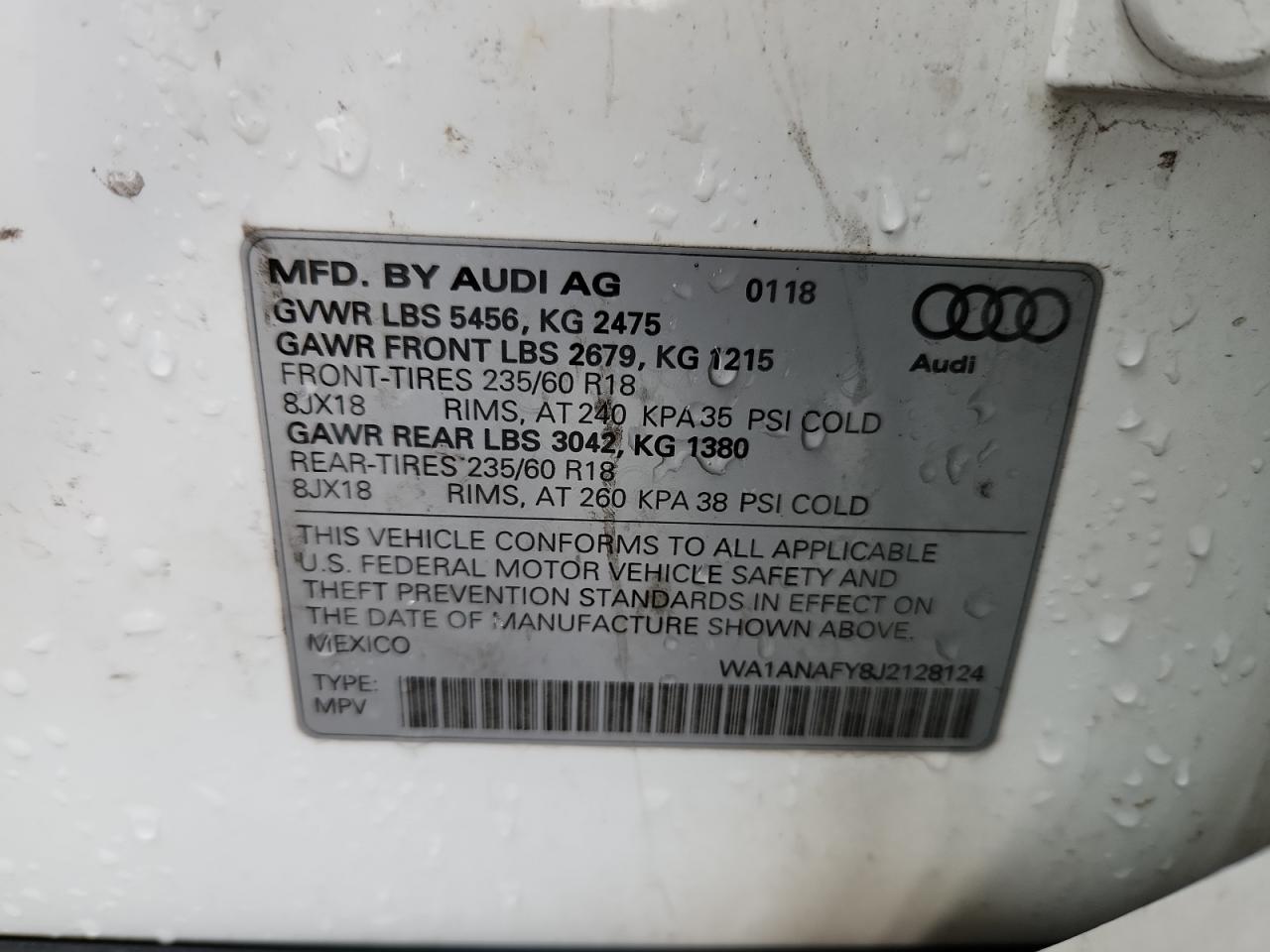 2018 Audi Q5 Premium VIN: WA1ANAFY8J2128124 Lot: 89728315