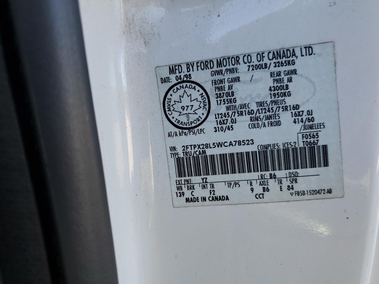 1998 Ford F250 VIN: 2FTPX28L5WCA78523 Lot: 86620435