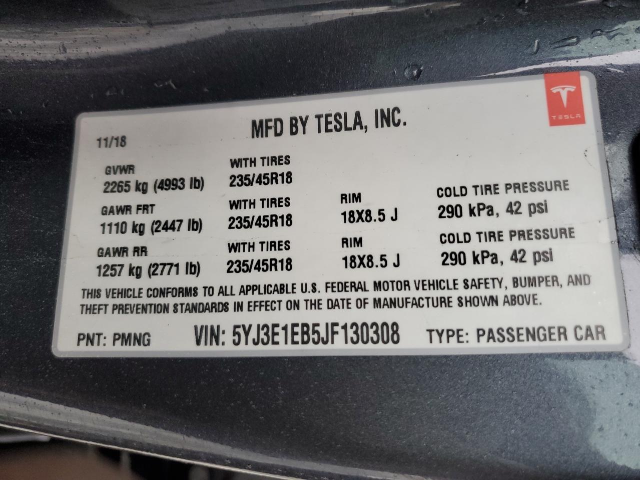 2018 Tesla Model 3 VIN: 5YJ3E1EB5JF130308 Lot: 90031475