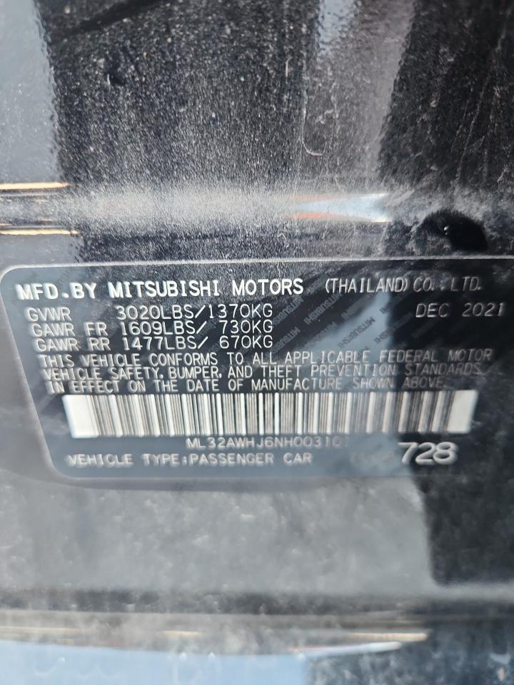 2022 Mitsubishi Mirage Se VIN: ML32AWHJ6NH003101 Lot: 83965655