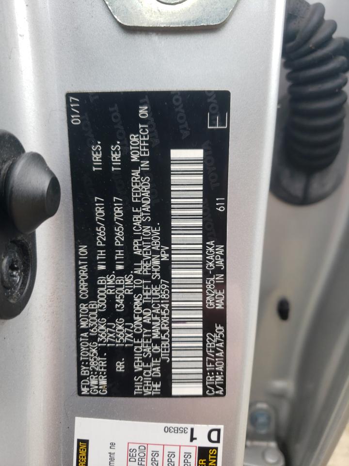 2017 Toyota 4Runner Sr5/Sr5 Premium VIN: JTEBU5JRXH5418597 Lot: 85906265