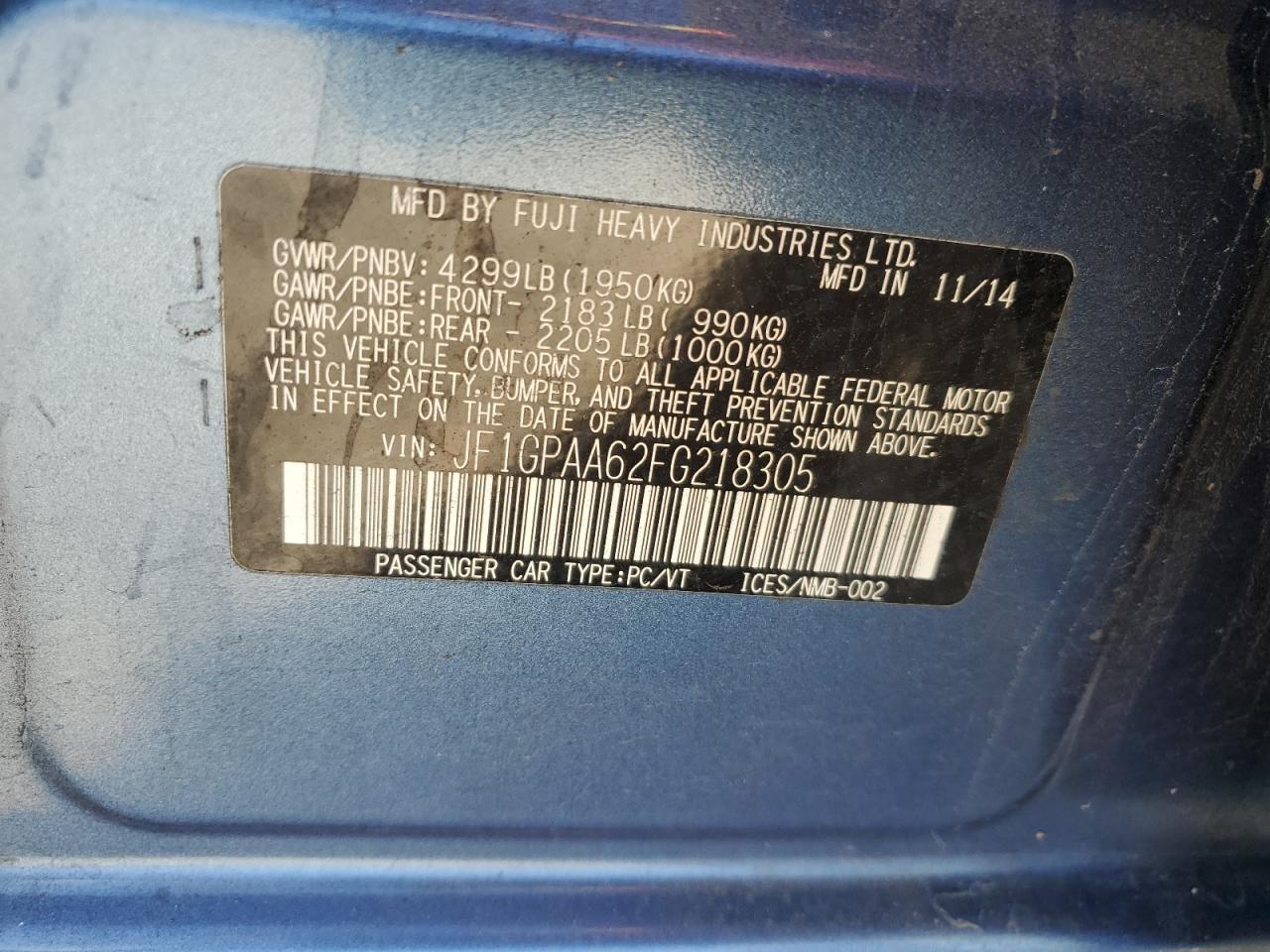 2015 Subaru Impreza VIN: JF1GPAA62FG218305 Lot: 85745875