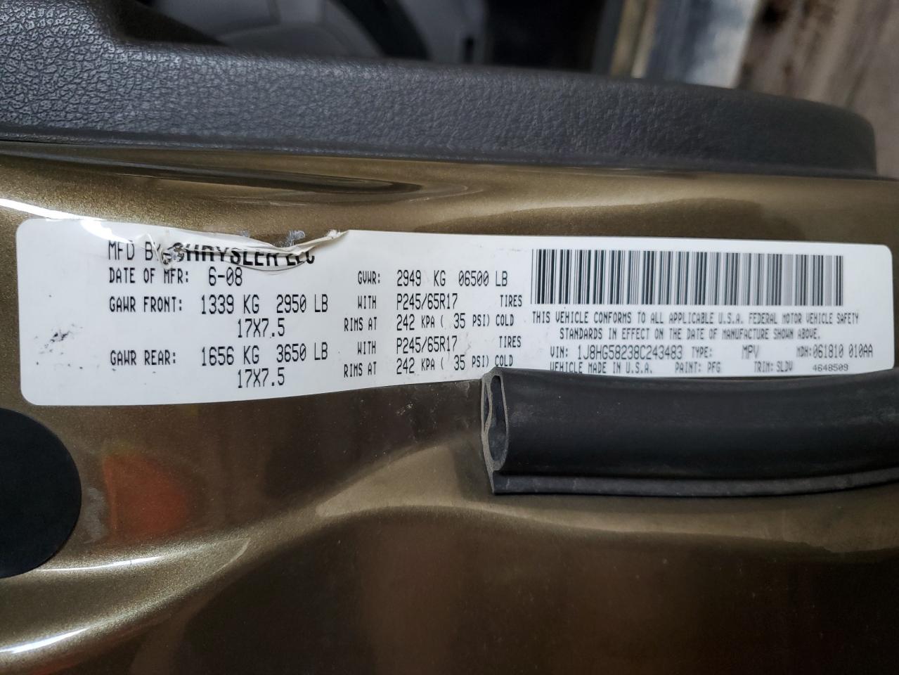 2008 Jeep Commander Limited VIN: 1J8HG58238C243483 Lot: 85923515