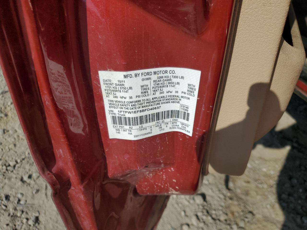 2011 Ford F150 Supercrew VIN: 1FTFW1EF8BFD40637 Lot: 83806815