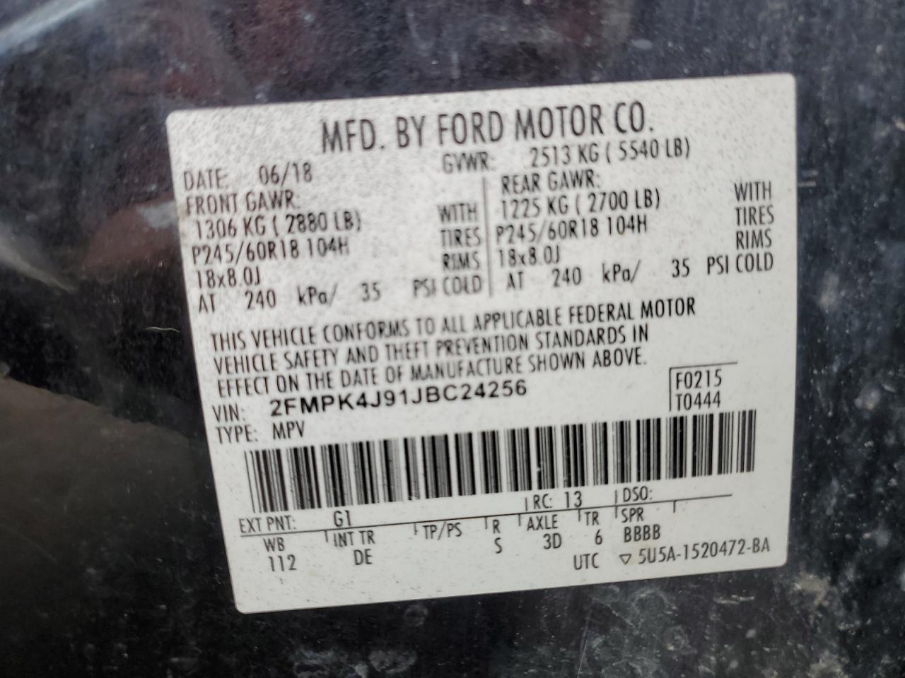 2018 Ford Edge Sel VIN: 2FMPK4J91JBC24256 Lot: 80510225
