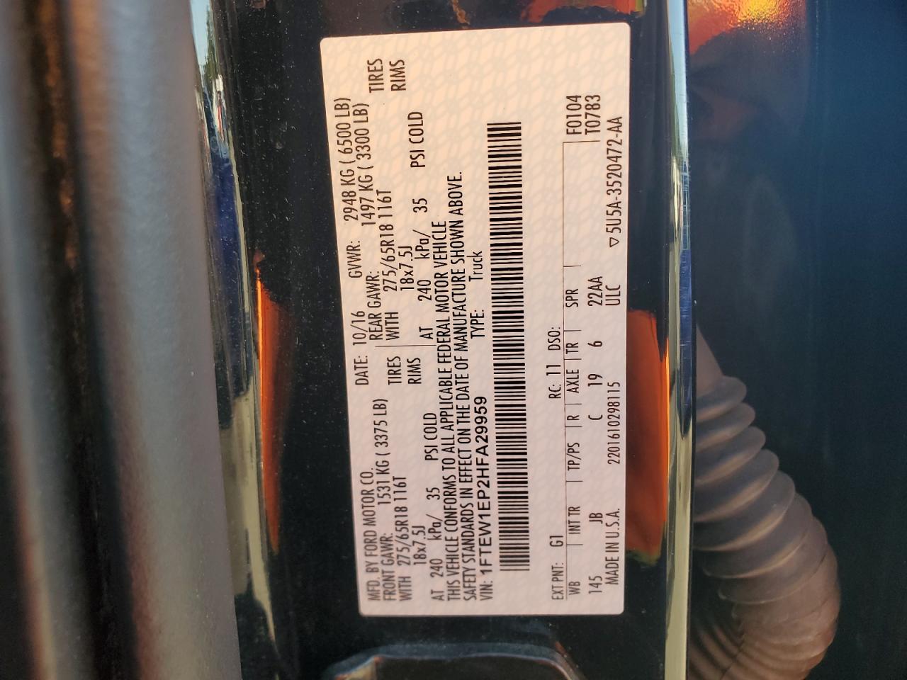 2017 Ford F150 Supercrew VIN: 1FTEW1EP2HFA29959 Lot: 85089225