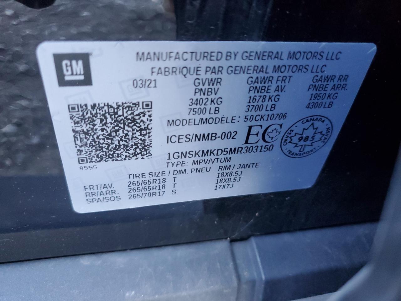 2021 Chevrolet Tahoe K1500 Ls VIN: 1GNSKMKD5MR303150 Lot: 71833215