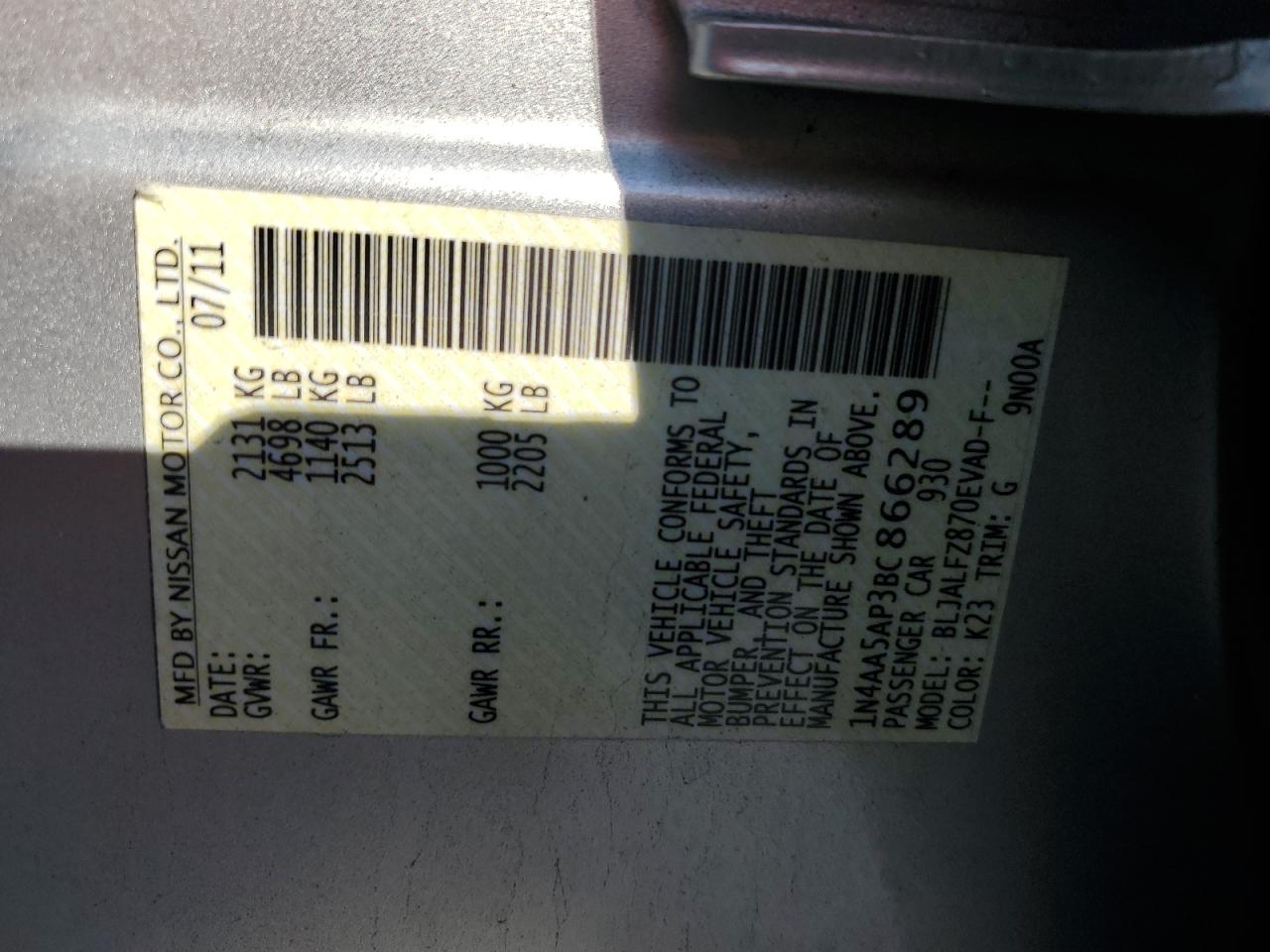 2011 Nissan Maxima S VIN: 1N4AA5AP3BC866289 Lot: 89894975