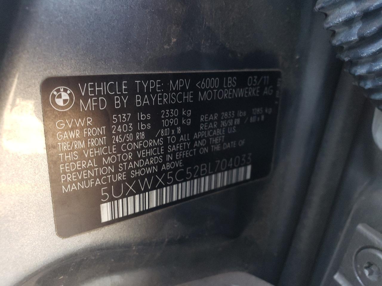 2011 BMW X3 xDrive28I VIN: 5UXWX5C52BL704033 Lot: 84770205