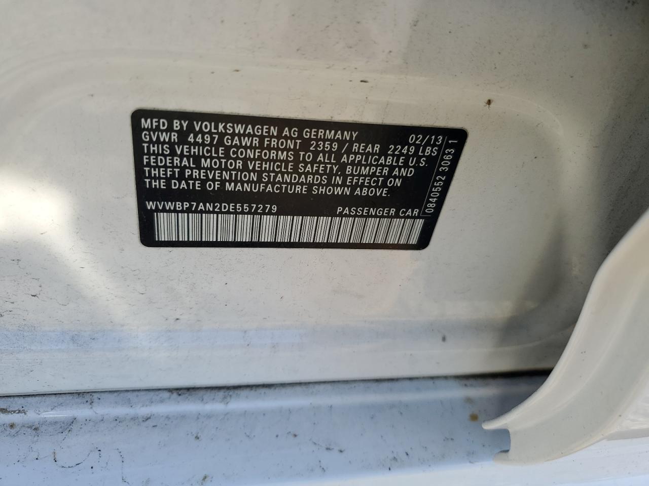 2013 Volkswagen Cc Sport VIN: WVWBP7AN2DE557279 Lot: 86801115