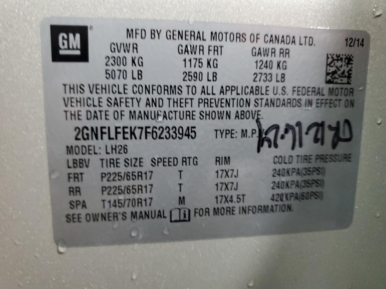 2015 Chevrolet Equinox Lt VIN: 2GNFLFEK7F6233945 Lot: 87310035