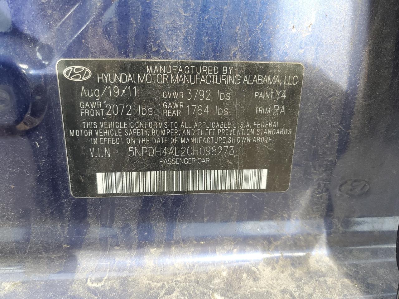 2012 Hyundai Elantra Gls VIN: 5NPDH4AE2CH098273 Lot: 82327235