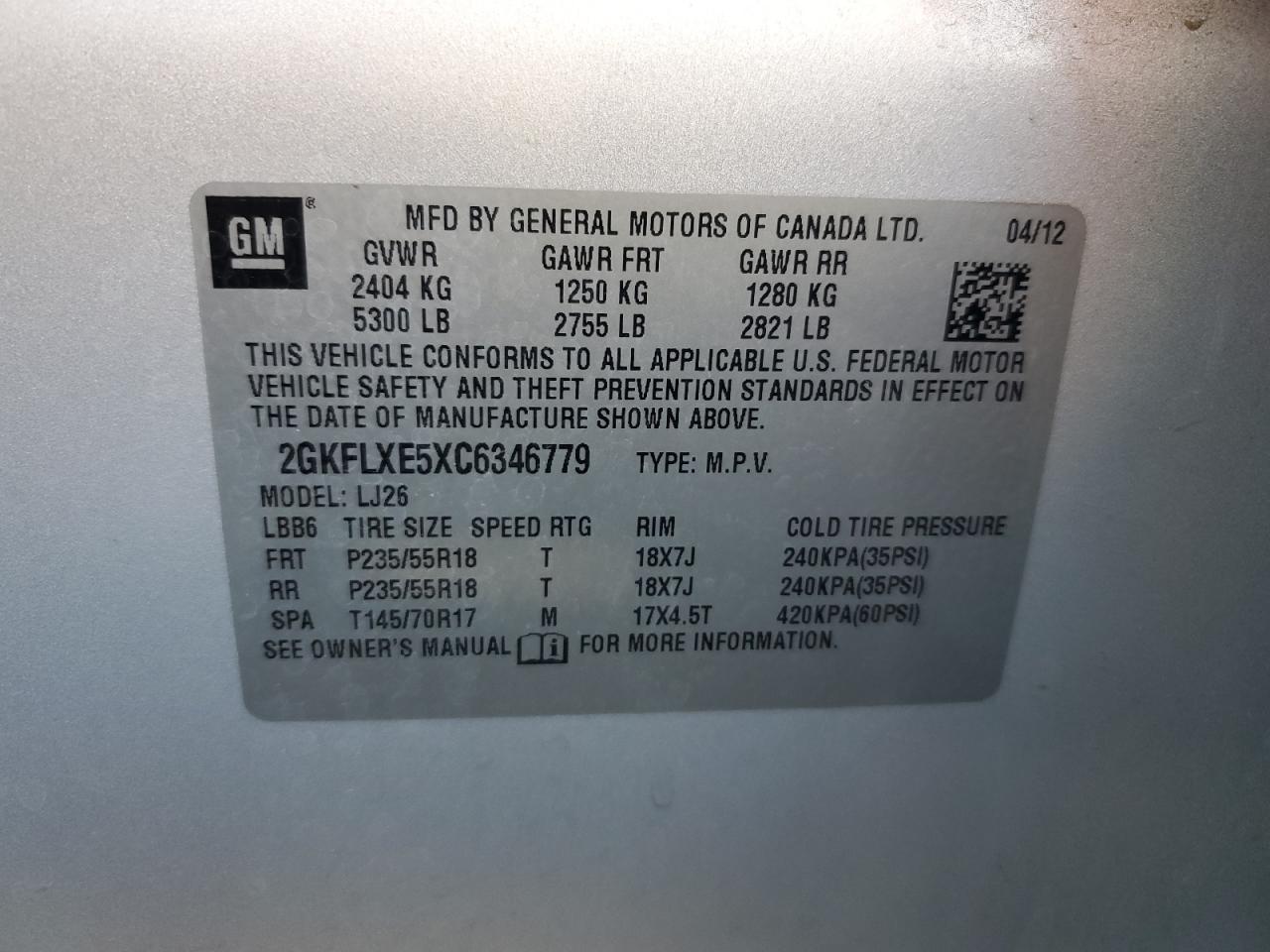 2012 GMC Terrain Slt VIN: 2GKFLXE5XC6346779 Lot: 91126075