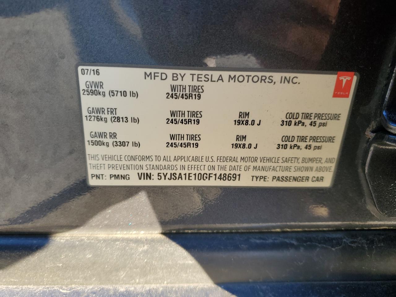 2016 Tesla Model S VIN: 5YJSA1E10GF148691 Lot: 86173325