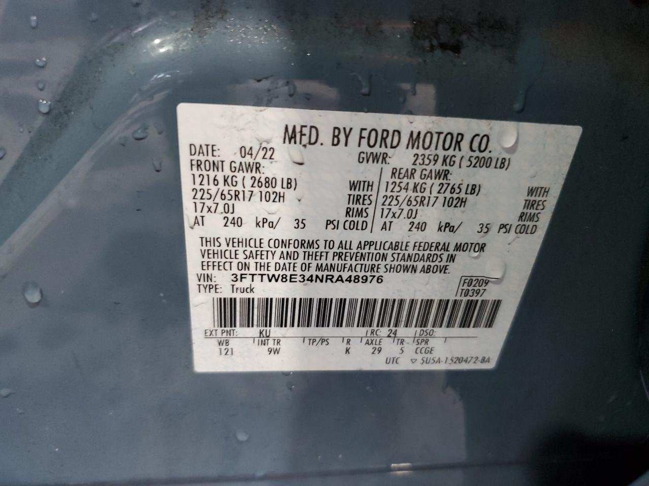 2022 Ford Maverick Xl VIN: 3FTTW8E34NRA48976 Lot: 84594655