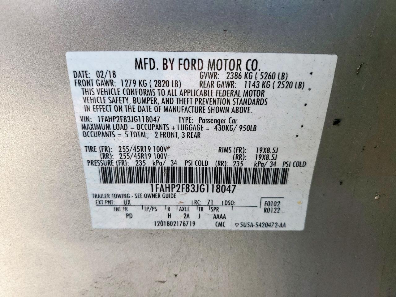 2018 Ford Taurus Limited VIN: 1FAHP2F83JG118047 Lot: 85324515