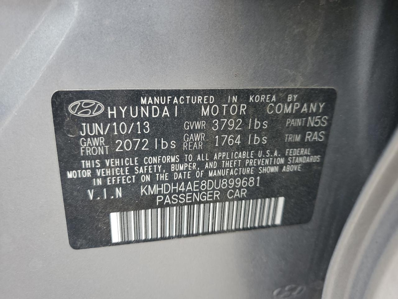 2013 Hyundai Elantra Gls VIN: KMHDH4AE8DU899681 Lot: 86233215
