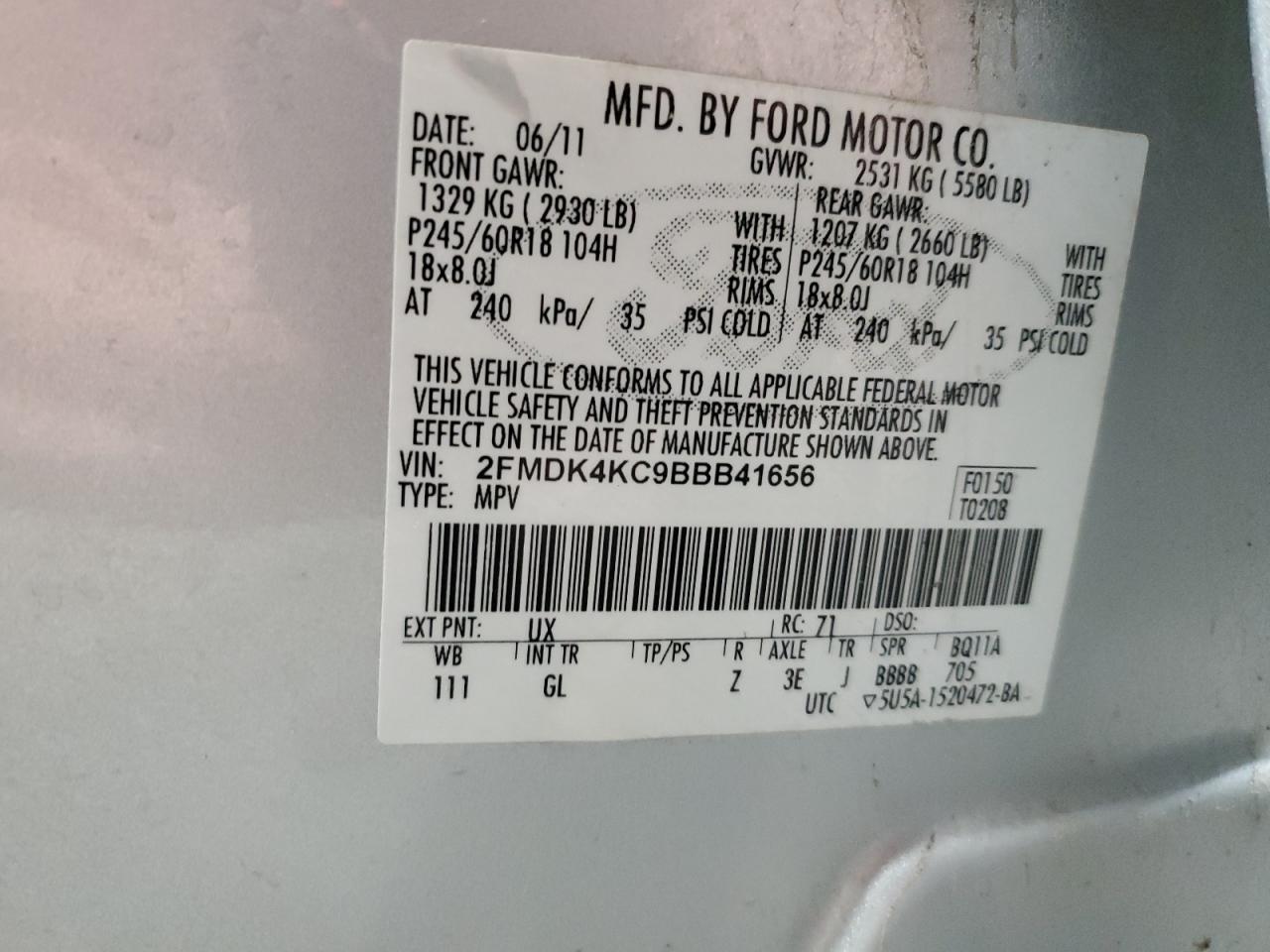 2011 Ford Edge Limited VIN: 2FMDK4KC9BBB41656 Lot: 90536865