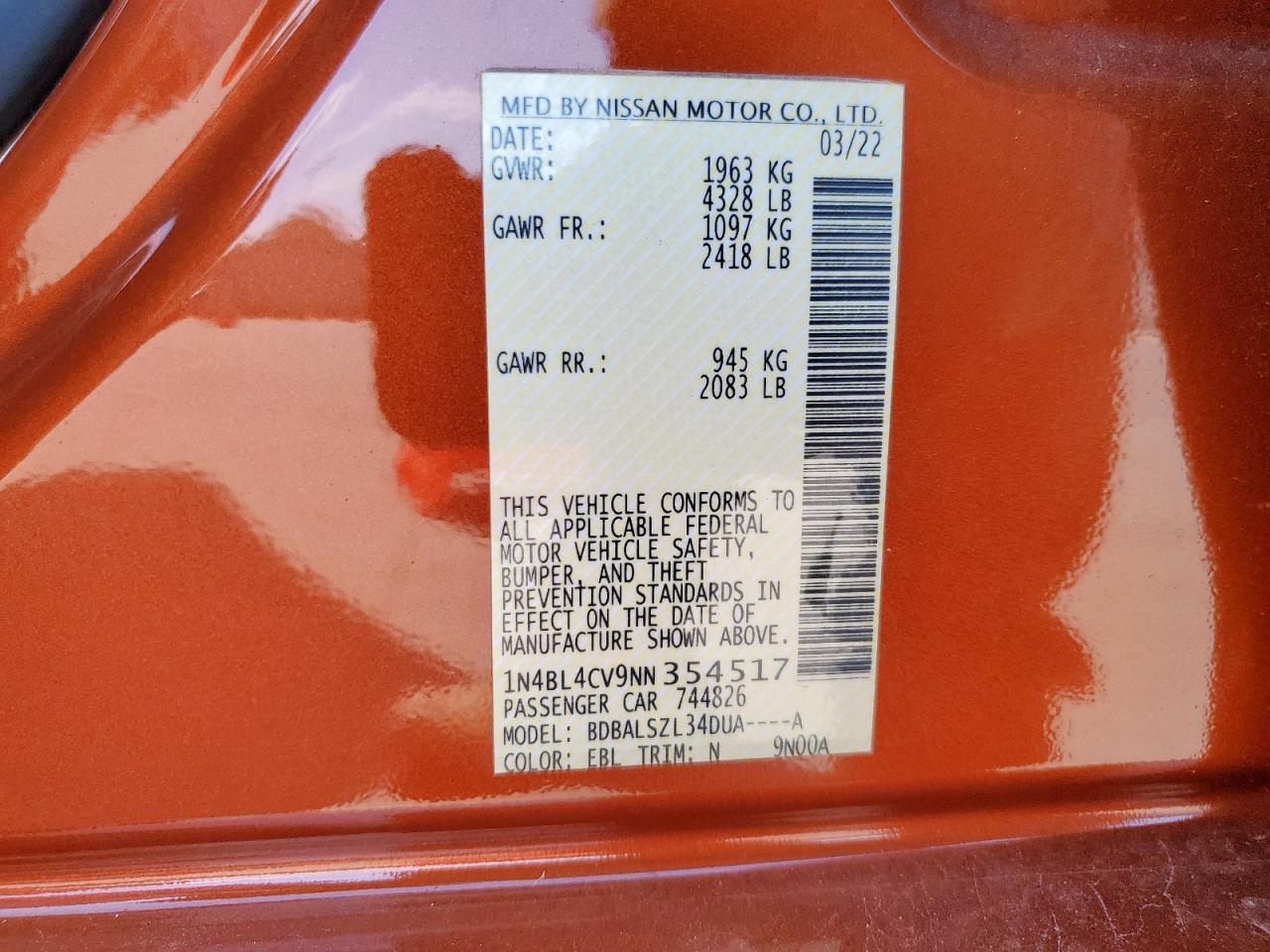 2022 Nissan Altima Sr VIN: 1N4BL4CV9NN354517 Lot: 84867925