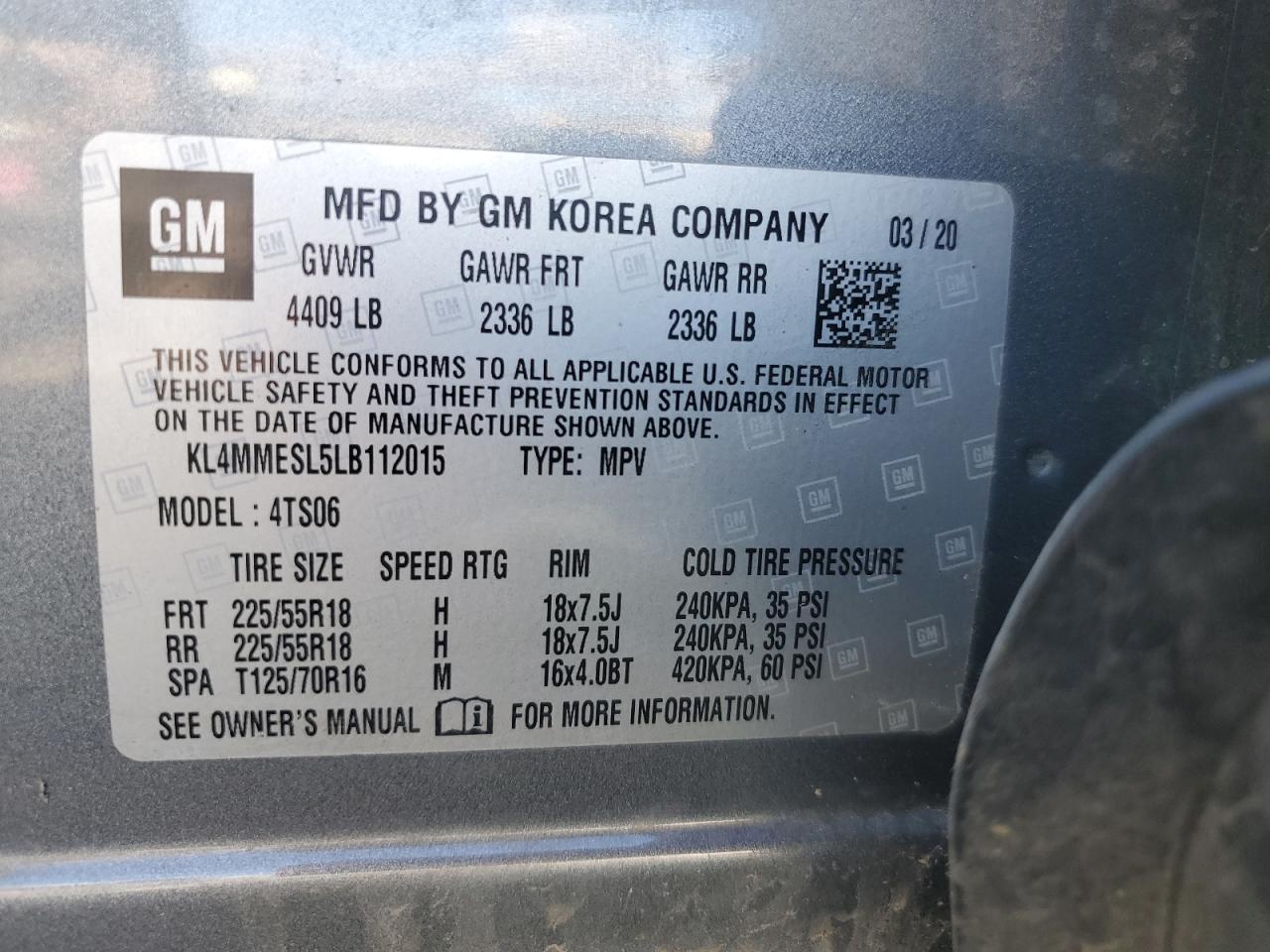 2020 Buick Encore Gx Select VIN: KL4MMESL5LB112015 Lot: 87185465