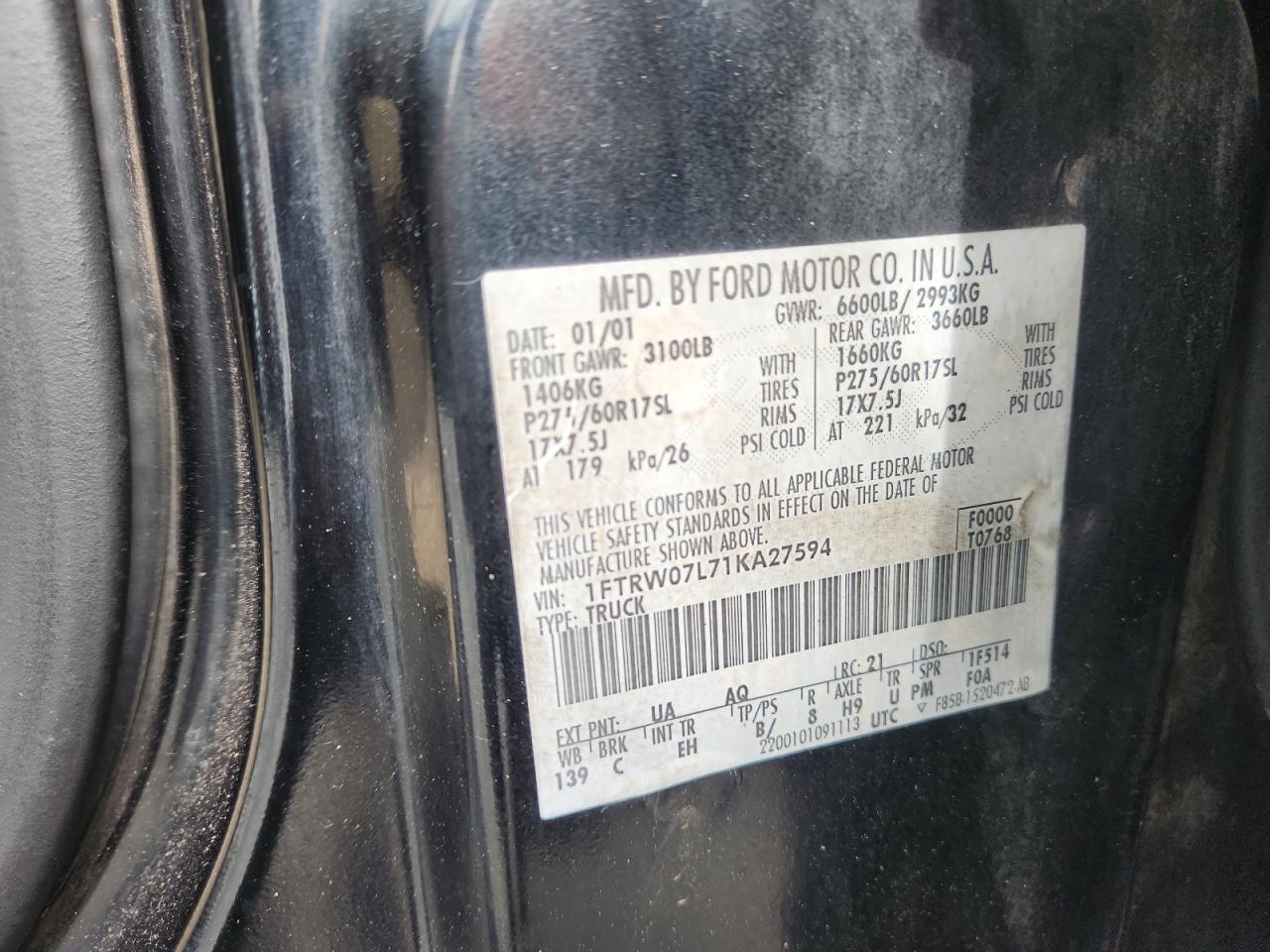 2001 Ford F150 Supercrew VIN: 1FTRW07L71KA27594 Lot: 81964535