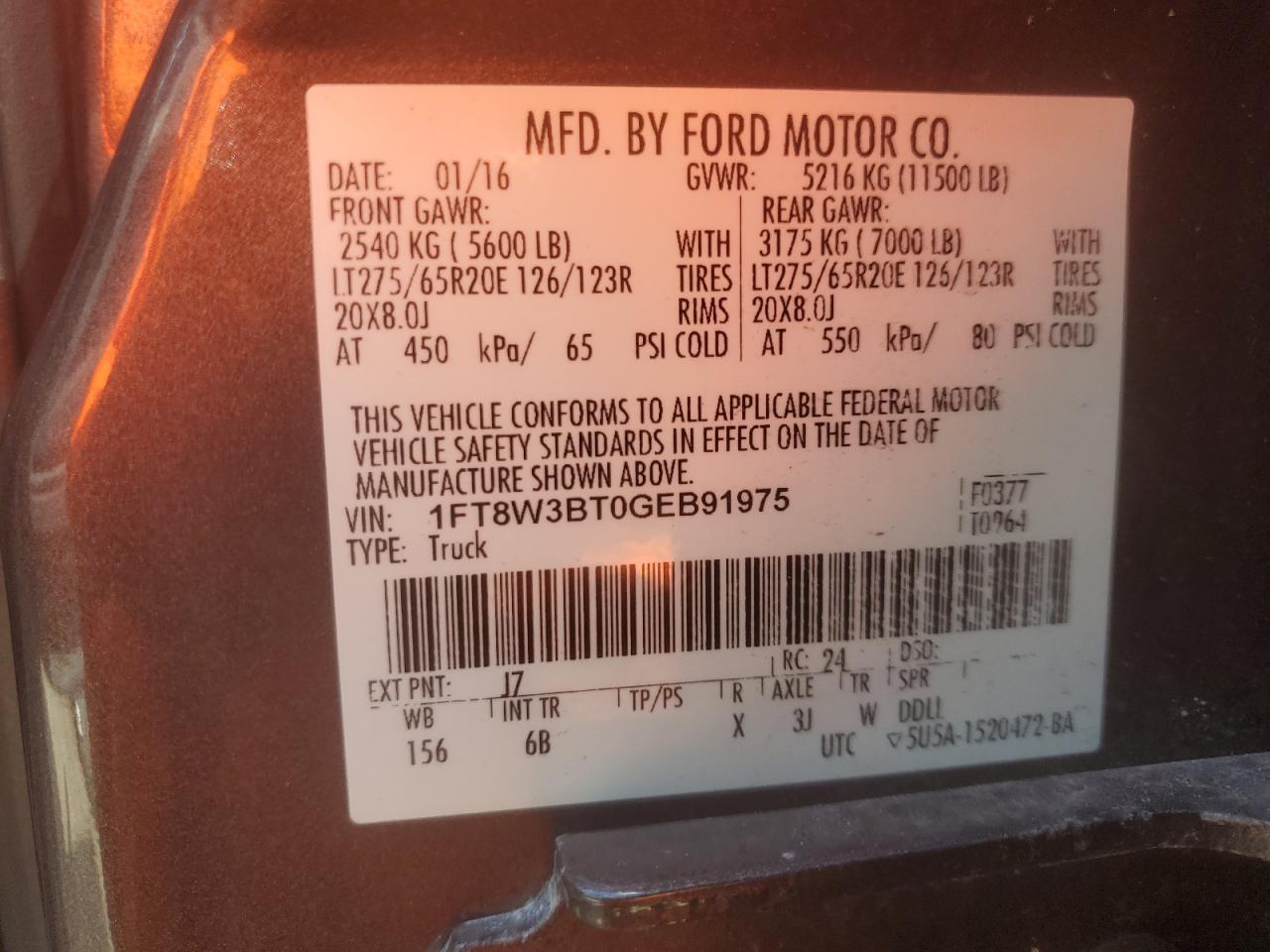 2016 Ford F350 Super Duty VIN: 1FT8W3BT0GEB91975 Lot: 85140815