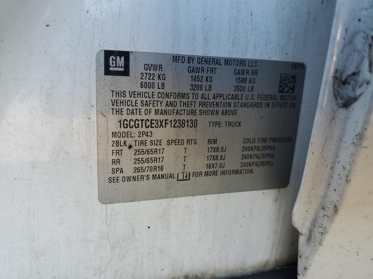 2015 Chevrolet Colorado Z71 VIN: 1GCGTCE3XF1238130 Lot: 82226695