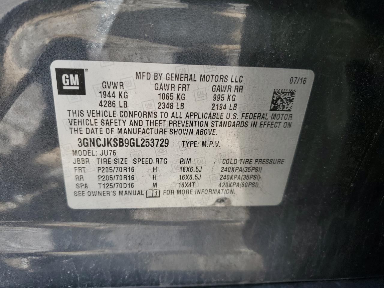 2016 Chevrolet Trax Ls VIN: 3GNCJKSB9GL253729 Lot: 90147535