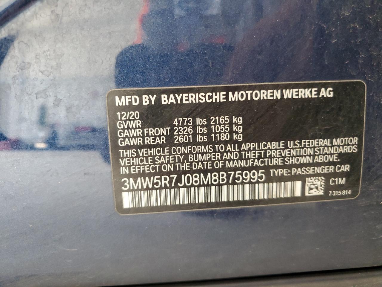 2021 BMW 330Xi VIN: 3MW5R7J08M8B75995 Lot: 84256305