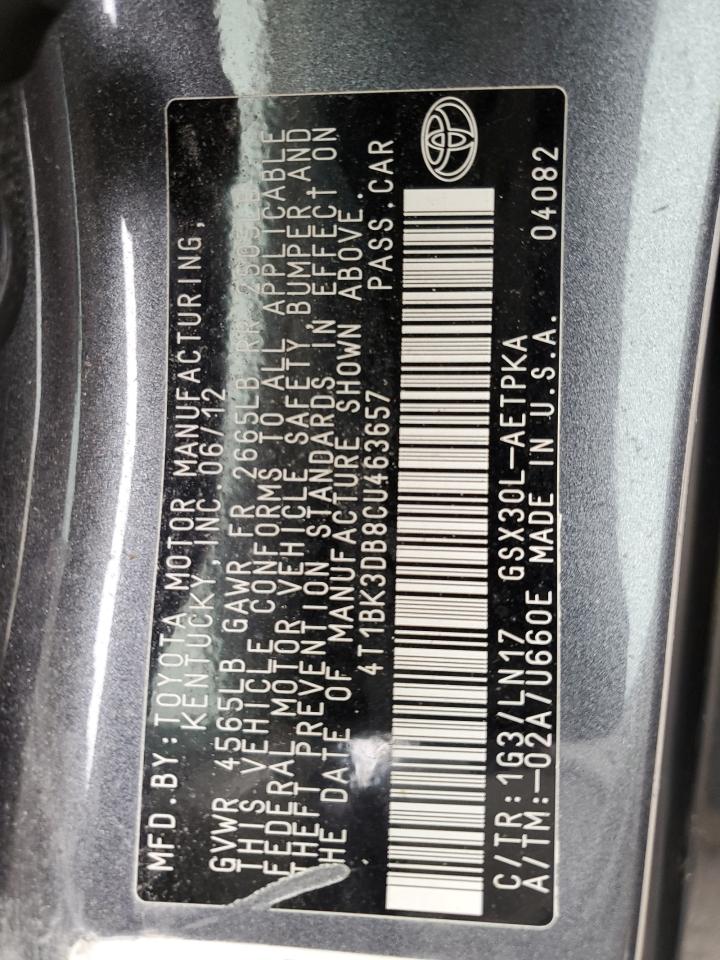 2012 Toyota Avalon Base VIN: 4T1BK3DB8CU463657 Lot: 89848065