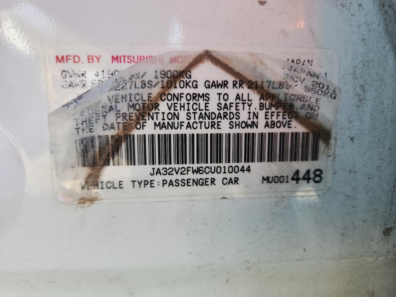 2012 Mitsubishi Lancer Se VIN: JA32V2FW6CU010044 Lot: 86812525