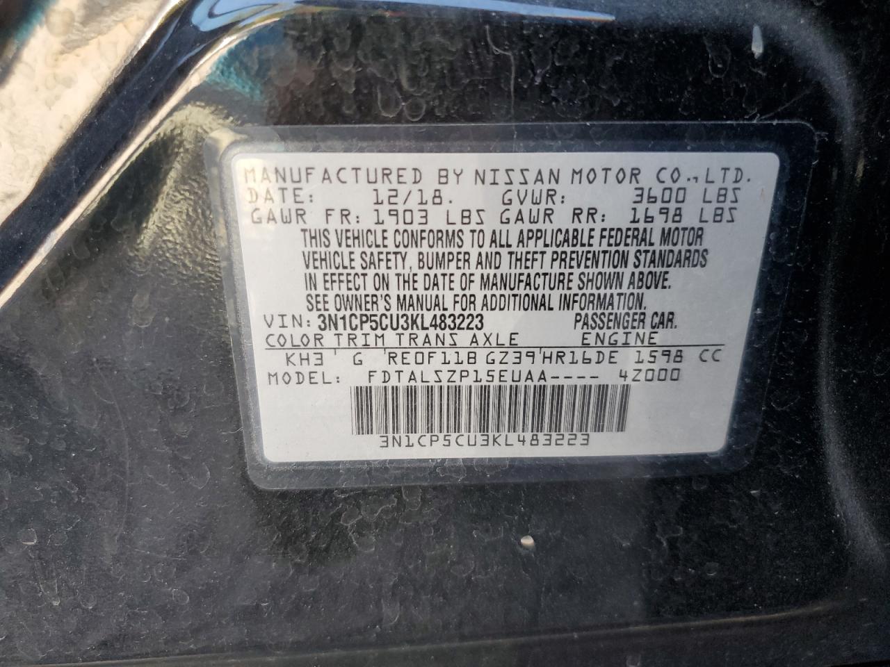2019 Nissan Kicks S VIN: 3N1CP5CU3KL483223 Lot: 85073055