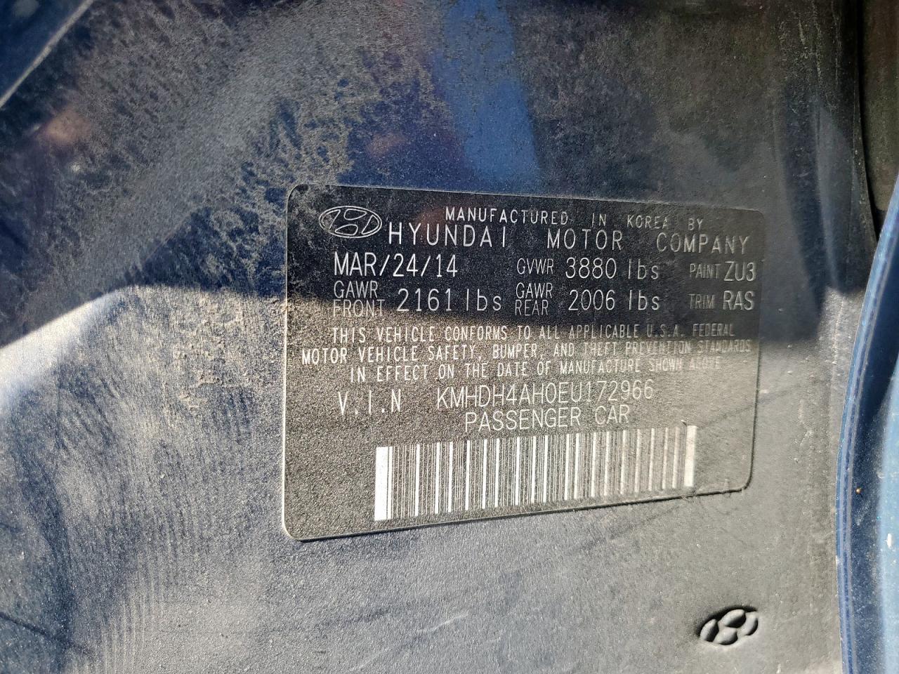 2014 Hyundai Elantra Se VIN: KMHDH4AH0EU172966 Lot: 85898025