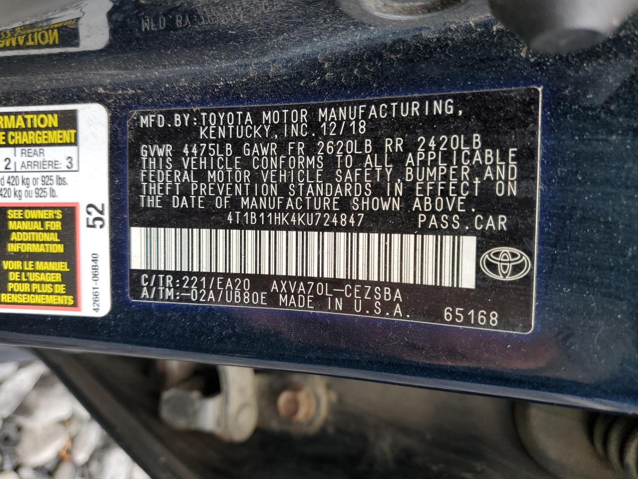 2019 Toyota Camry L VIN: 4T1B11HK4KU724847 Lot: 81678255