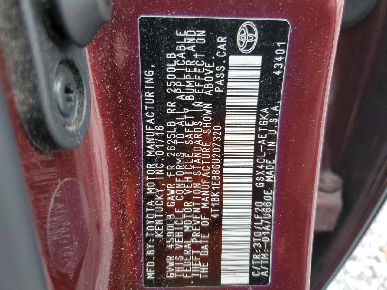 2016 Toyota Avalon Xle VIN: 4T1BK1EB8GU207320 Lot: 90867025