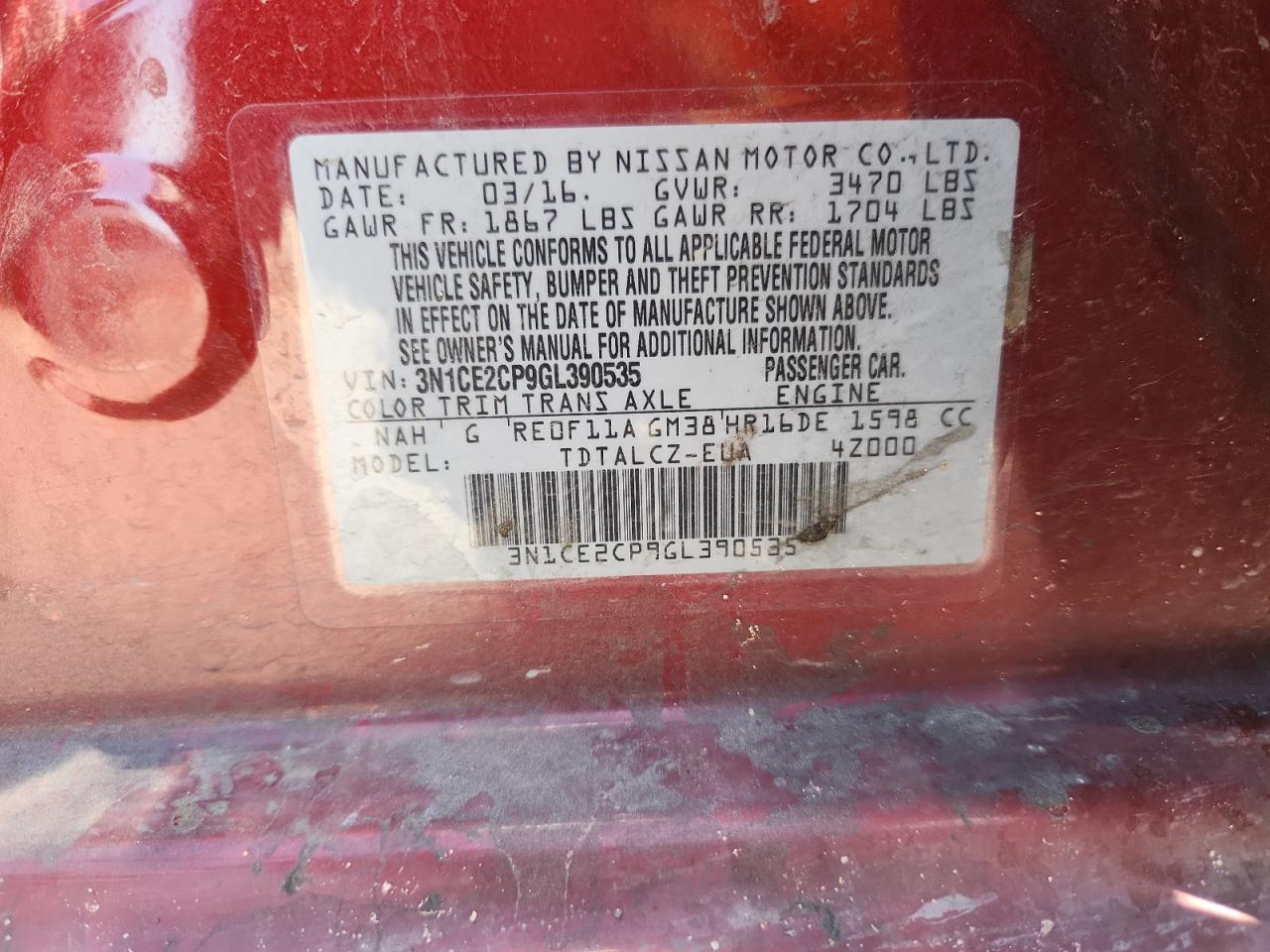 2016 Nissan Versa Note S VIN: 3N1CE2CP9GL390535 Lot: 85190225