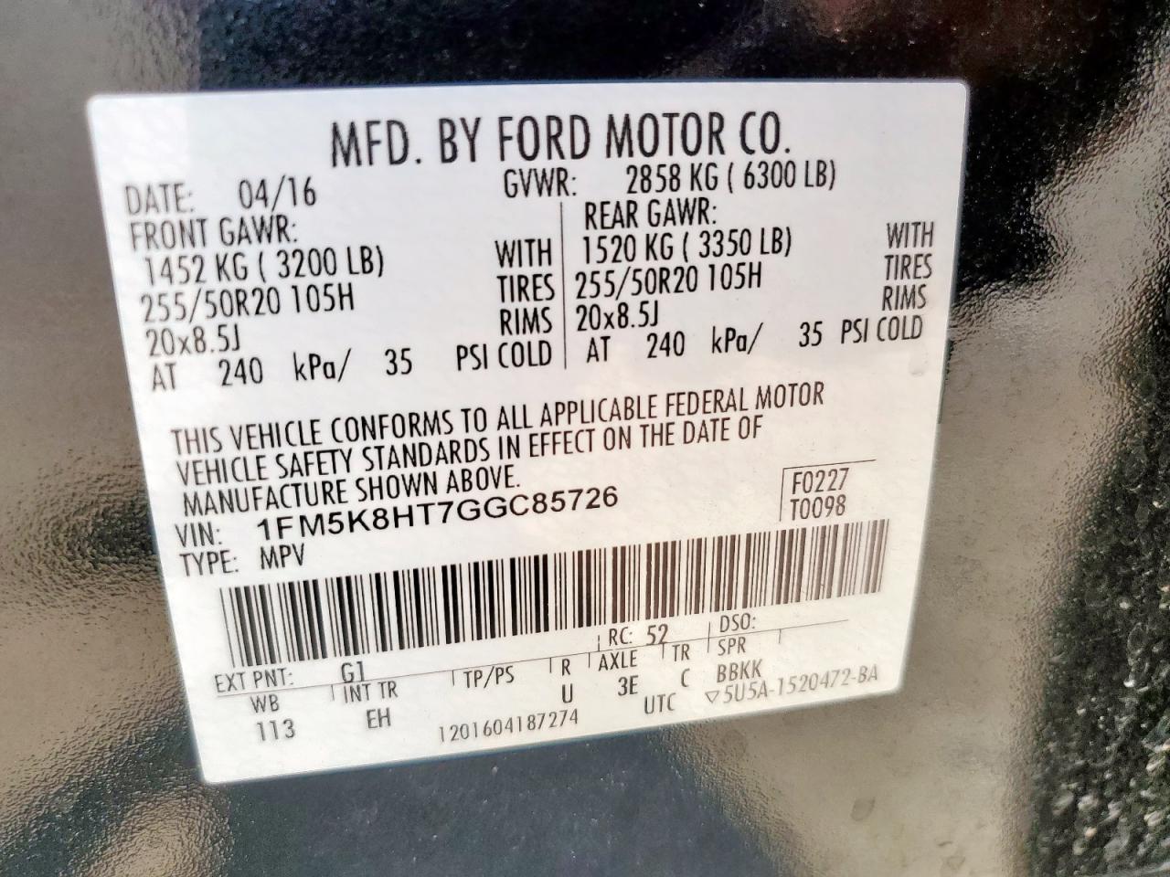 2016 Ford Explorer Platinum VIN: 1FM5K8HT7GGC85726 Lot: 85127315