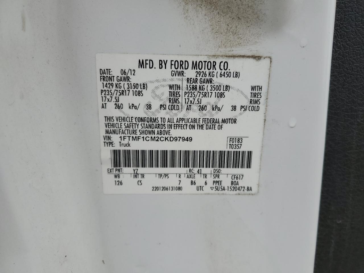 2012 Ford F150 VIN: 1FTMF1CM2CKD97949 Lot: 82766745