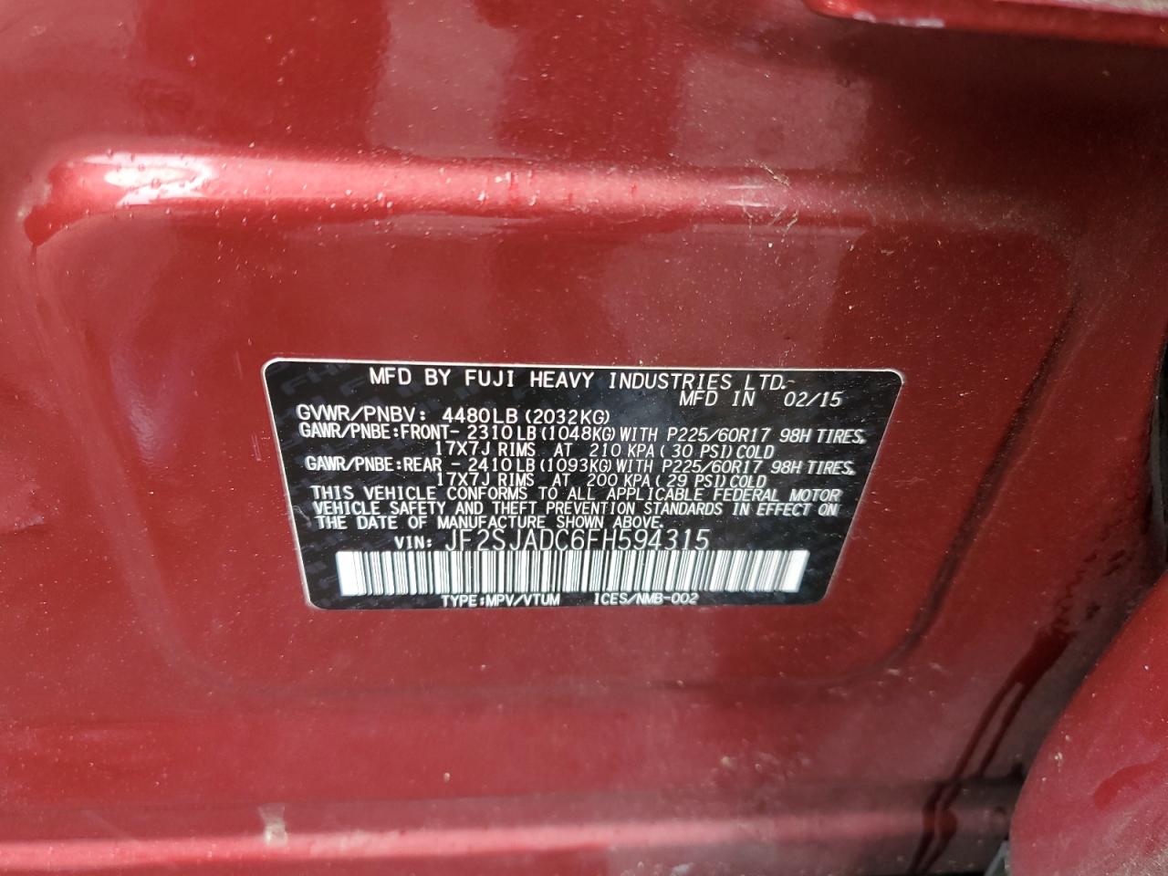 2015 Subaru Forester 2.5I Premium VIN: JF2SJADC6FH594315 Lot: 82467955