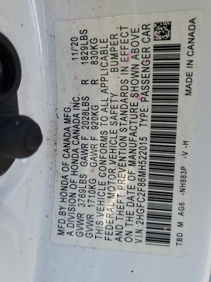 2021 Honda Civic Sport VIN: 2HGFC2F86MH522015 Lot: 84736535