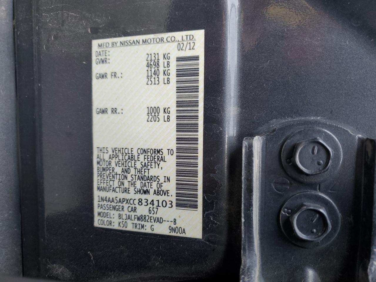 2012 Nissan Maxima S VIN: 1N4AA5APXCC834103 Lot: 84735115