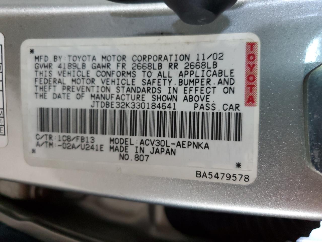 2003 Toyota Camry Le VIN: JTDBE32K330184641 Lot: 86717825