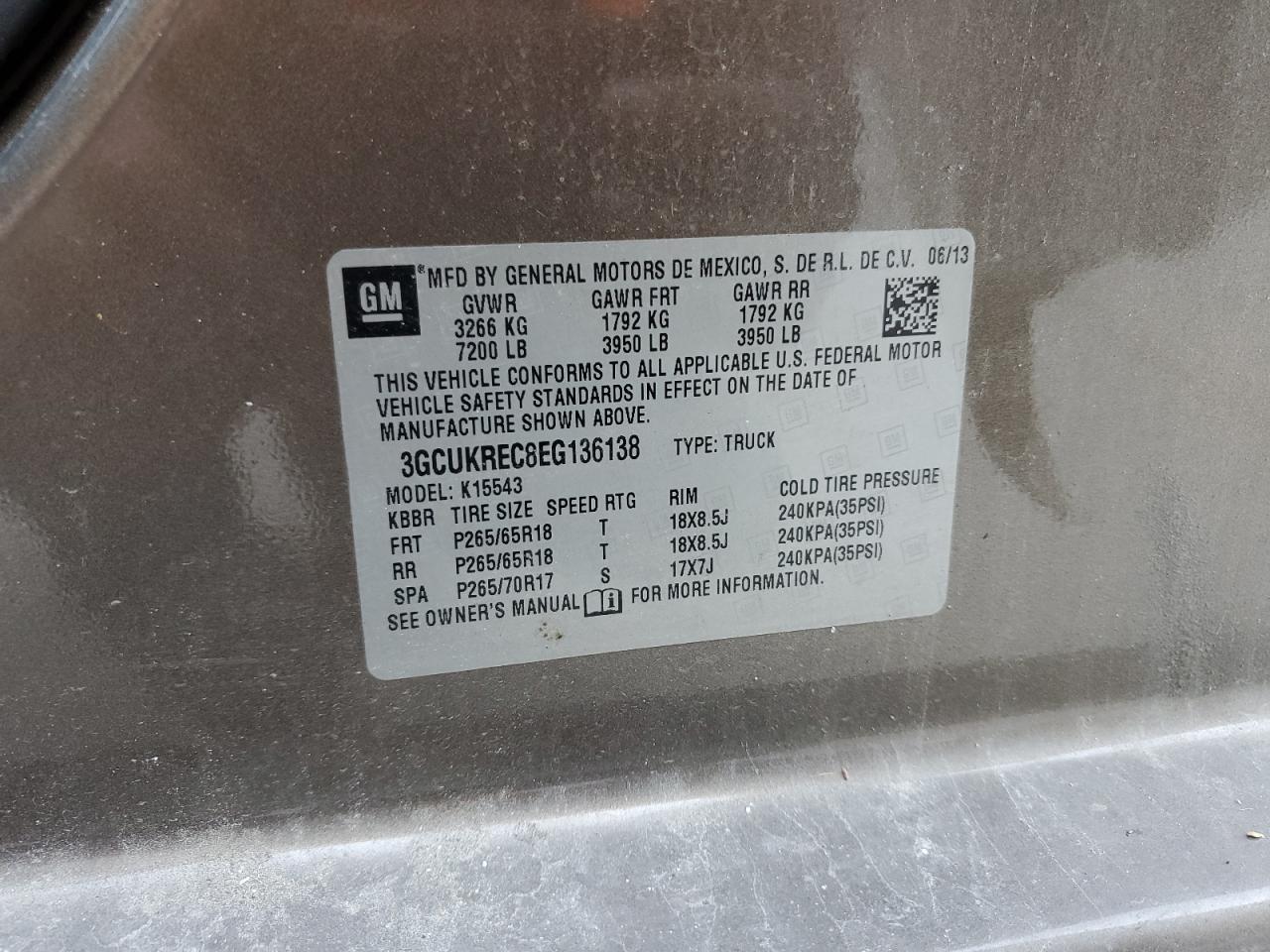 2014 Chevrolet Silverado K1500 Lt VIN: 3GCUKREC8EG136138 Lot: 85528005