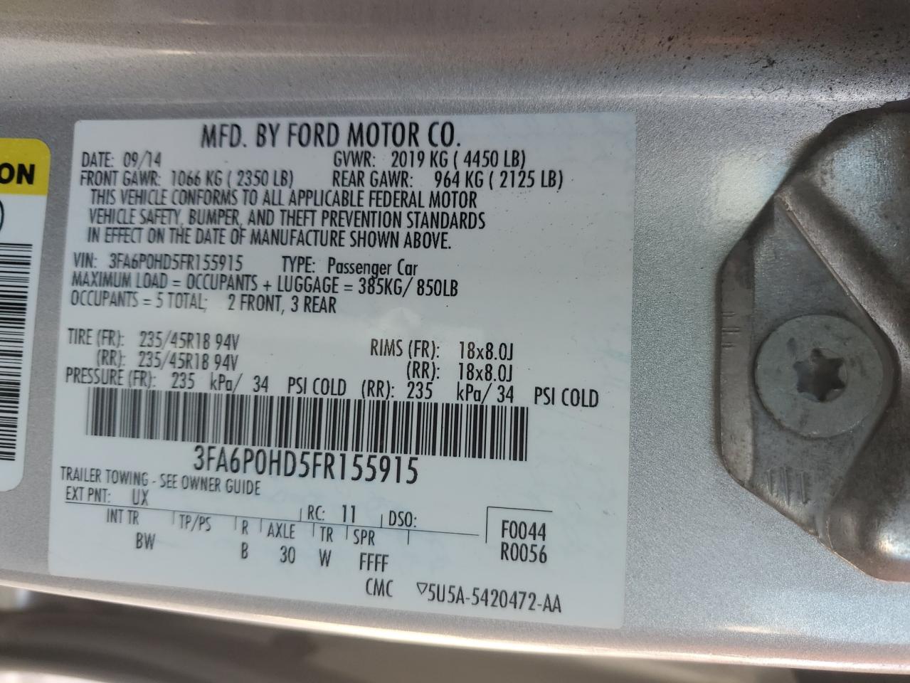 2015 Ford Fusion Se VIN: 3FA6P0HD5FR155915 Lot: 85599155