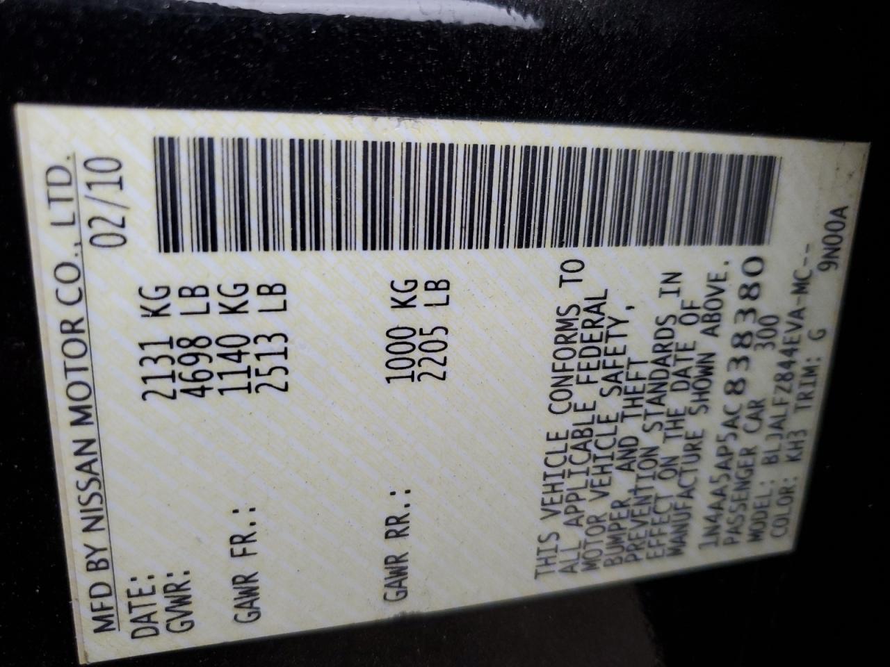 2010 Nissan Maxima S VIN: 1N4AA5AP5AC838380 Lot: 90579015