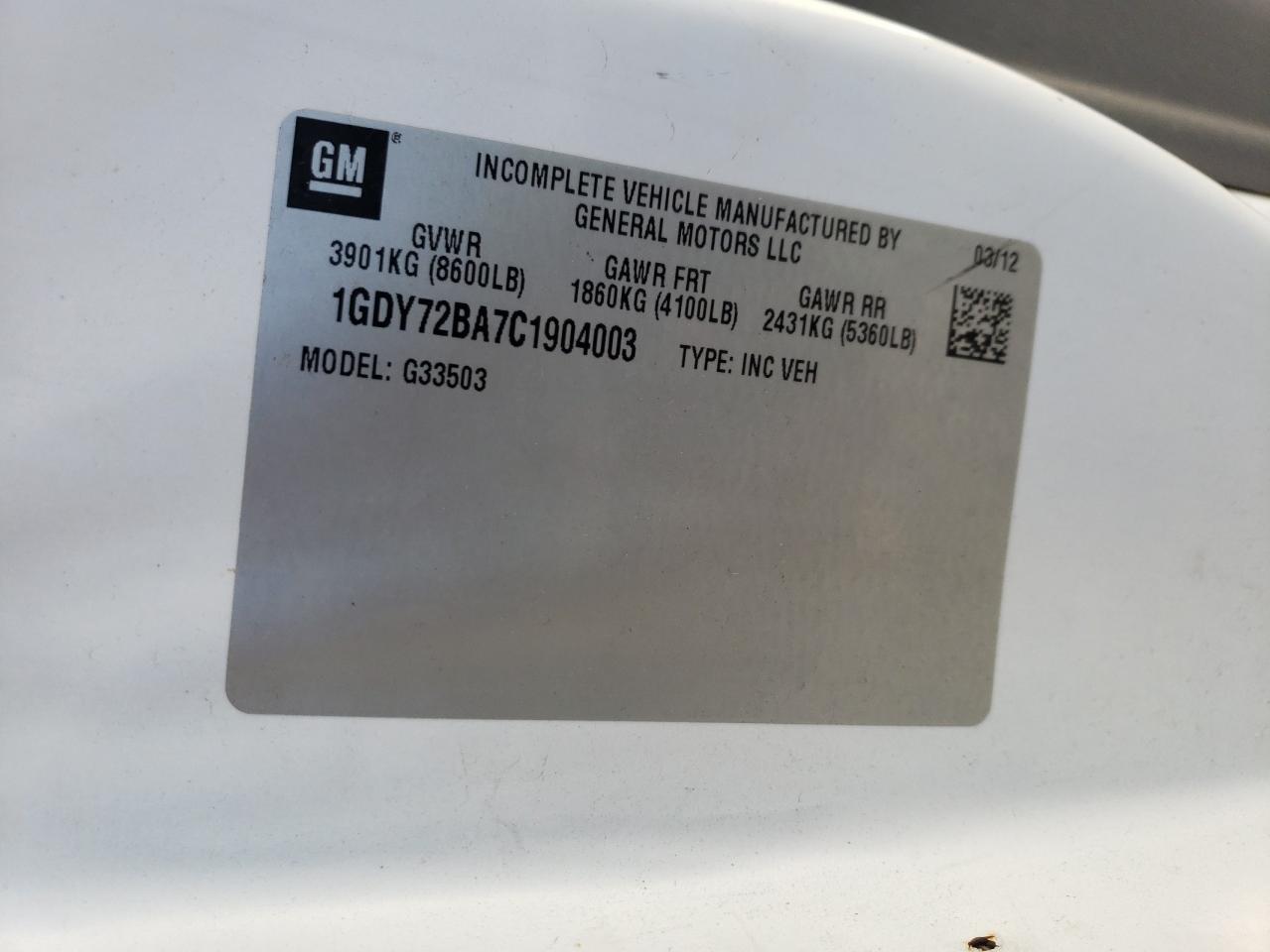 2012 GMC Savana Commercial Cu VIN: 1GDY72BA7C1904003 Lot: 87240415